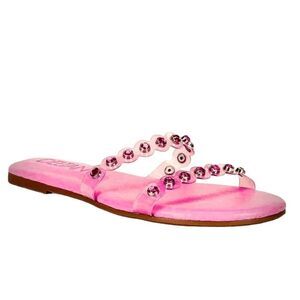 NWT Deltan Vinyl Pink Rhinestones Embellished Banded Slides Sandals Size: 7.5
